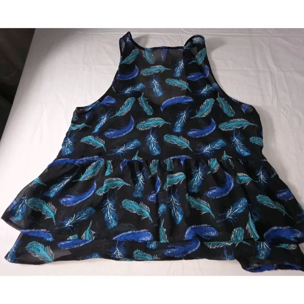 Kirra Womans Small Top Feathers Blue Green Summer Boho Sheer Layering - Picture 2 of 6